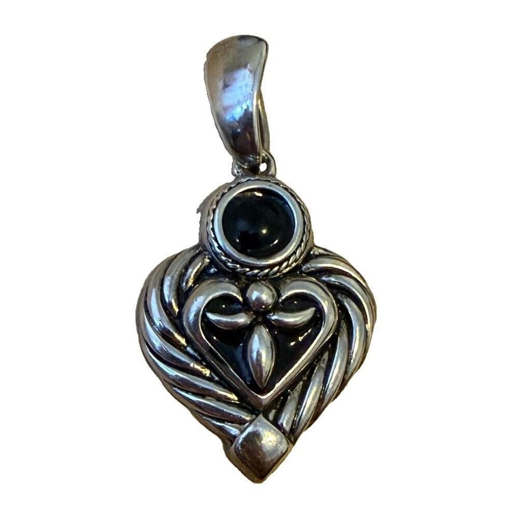 Vtg Premier Designs Silver Tone Black Enamel Heart Pendant Scroll Charm 2"